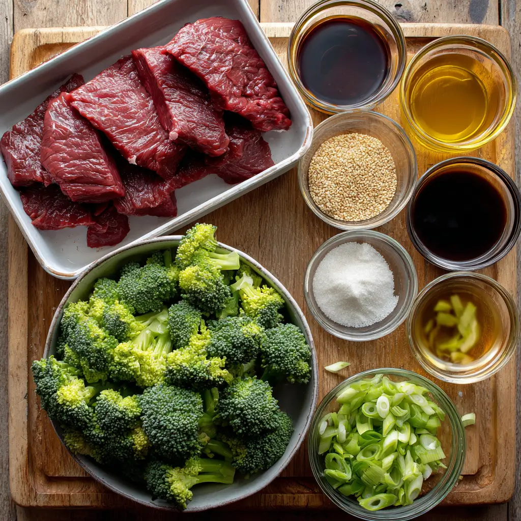ingredients for slow cooker beef and broccoli on kitchen counter