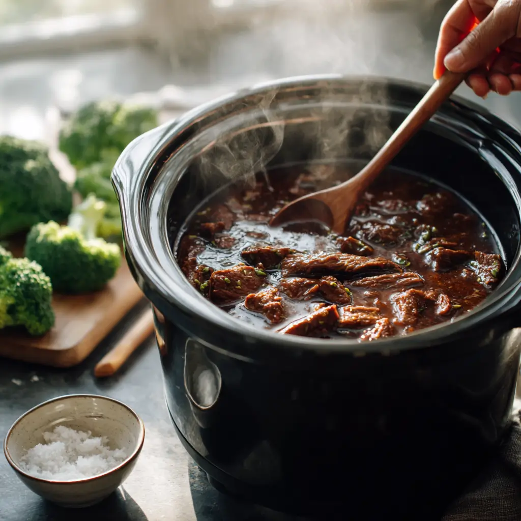 slow cooker beef and broccoli cooking in crockpot