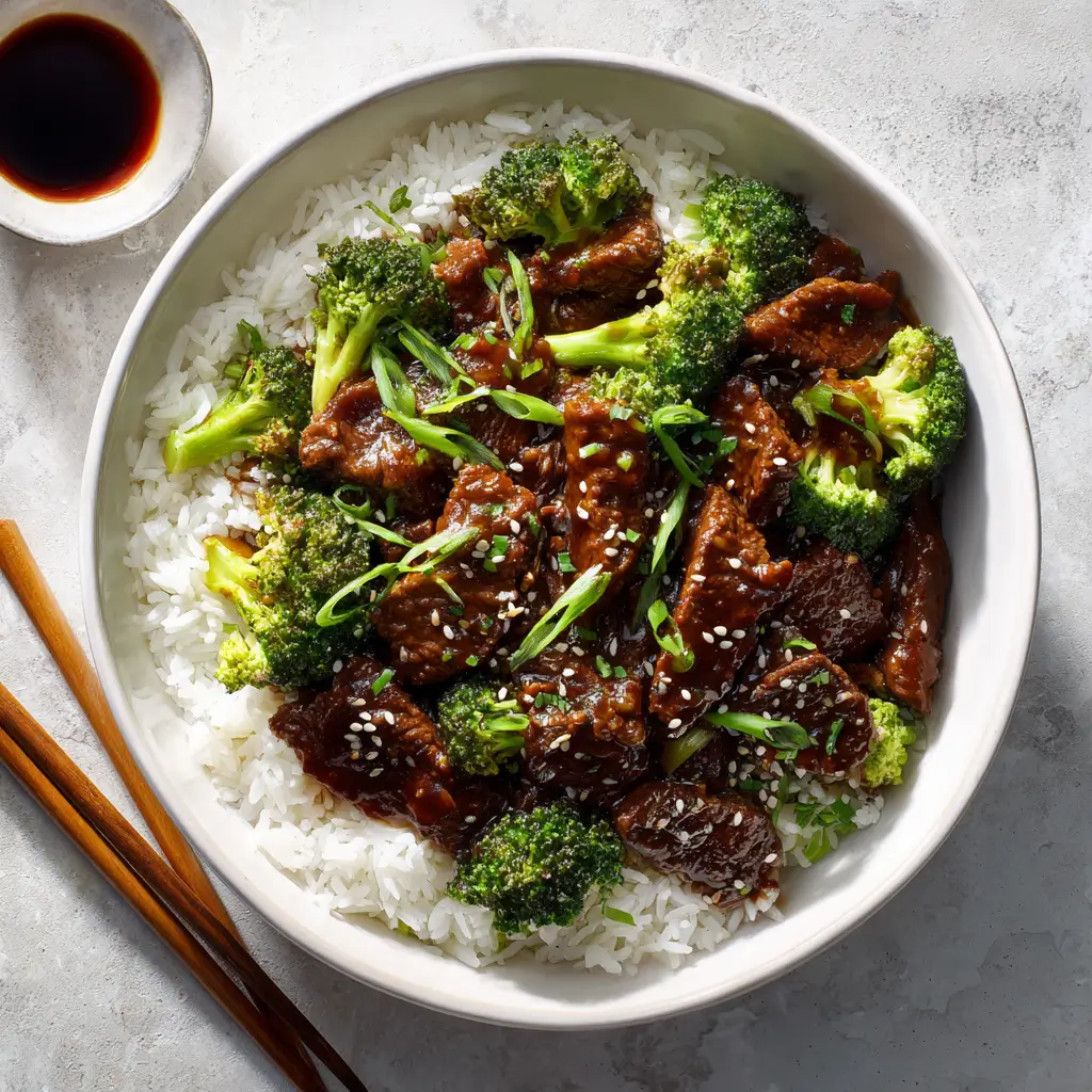 slow cooker beef and broccoli served over jasmine rice