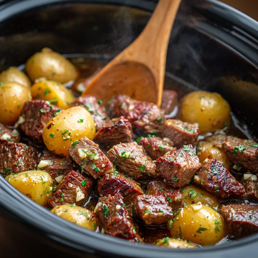 slow cooker garlic butter beef bites cooking with potatoes