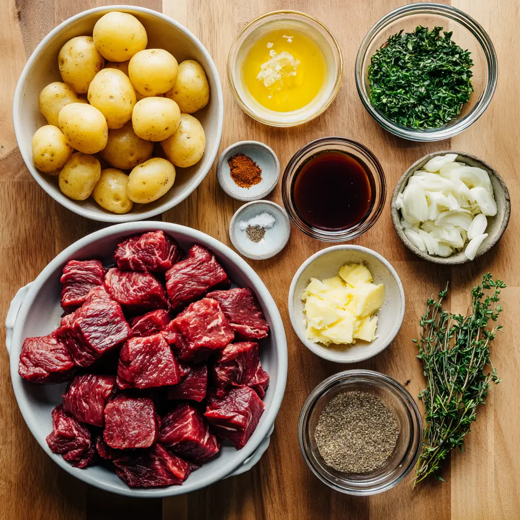 ingredients for slow cooker garlic butter beef bites with potatoes