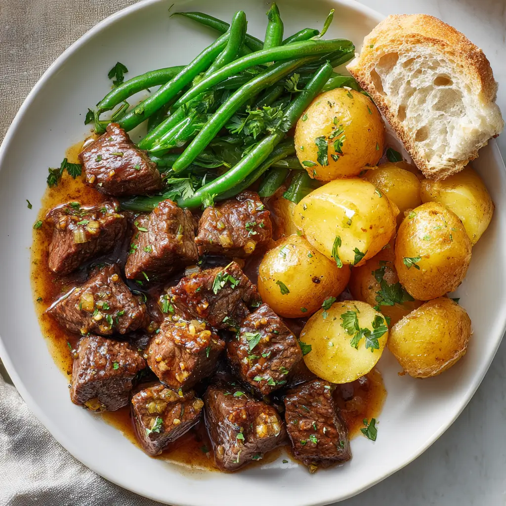 slow cooker garlic butter beef bites served with green beans