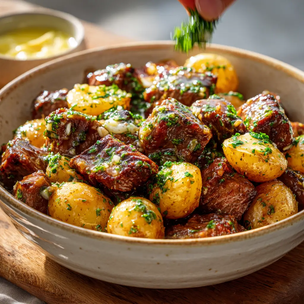 garlic butter beef bites topped with parsley