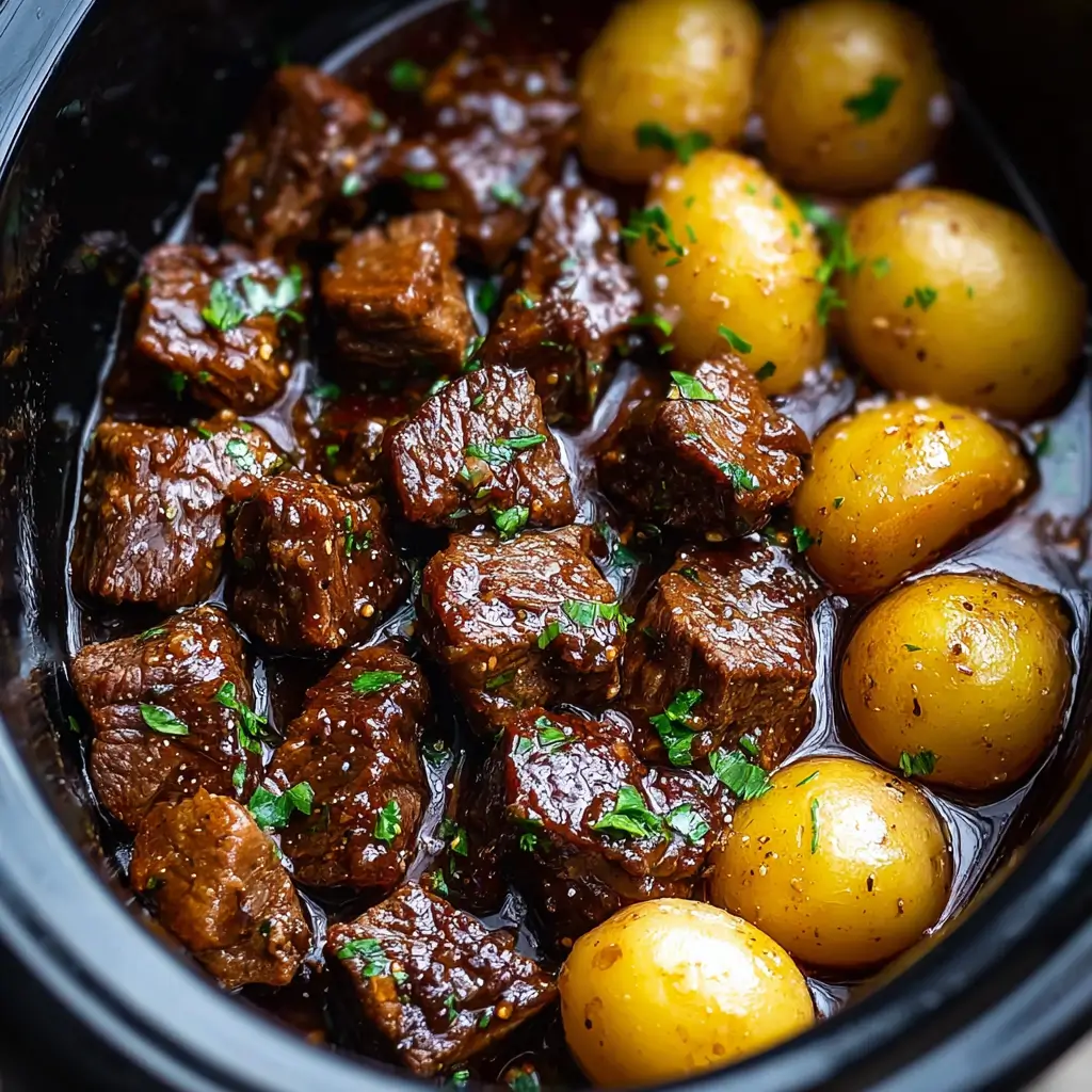 slow cooker garlic butter beef bites with potatoes in crockpot