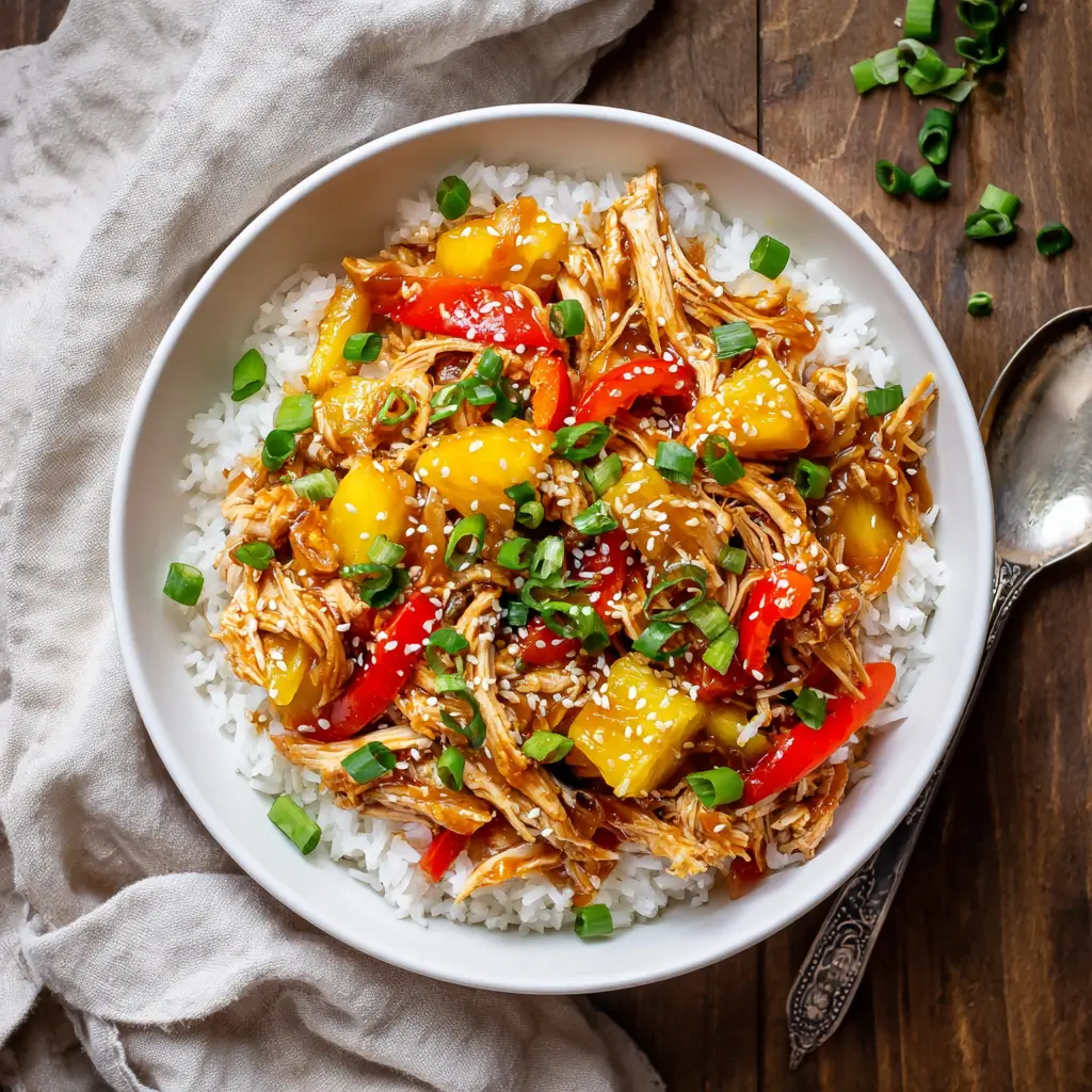 Sweet Hawaiian Crockpot Chicken Served Over Rice