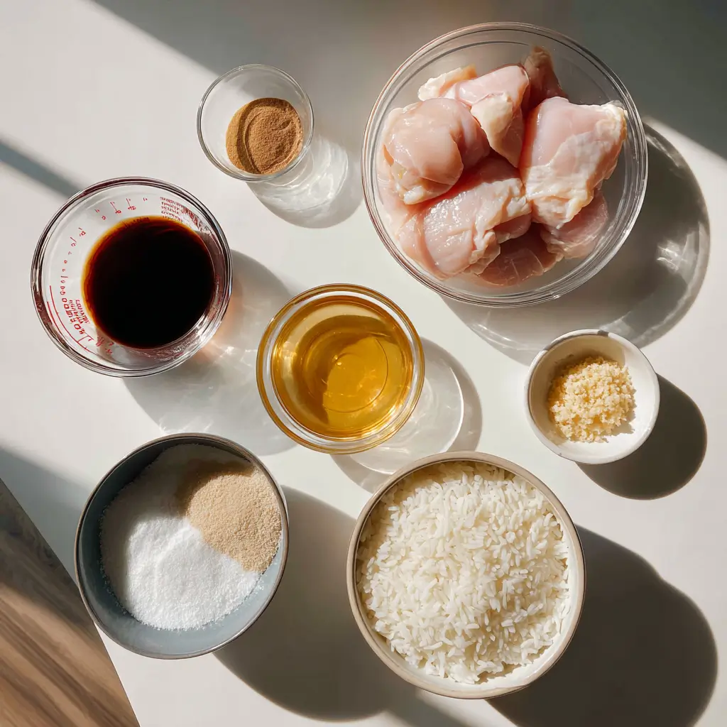 Ingredients for Teriyaki Chicken Over Rice on kitchen counter