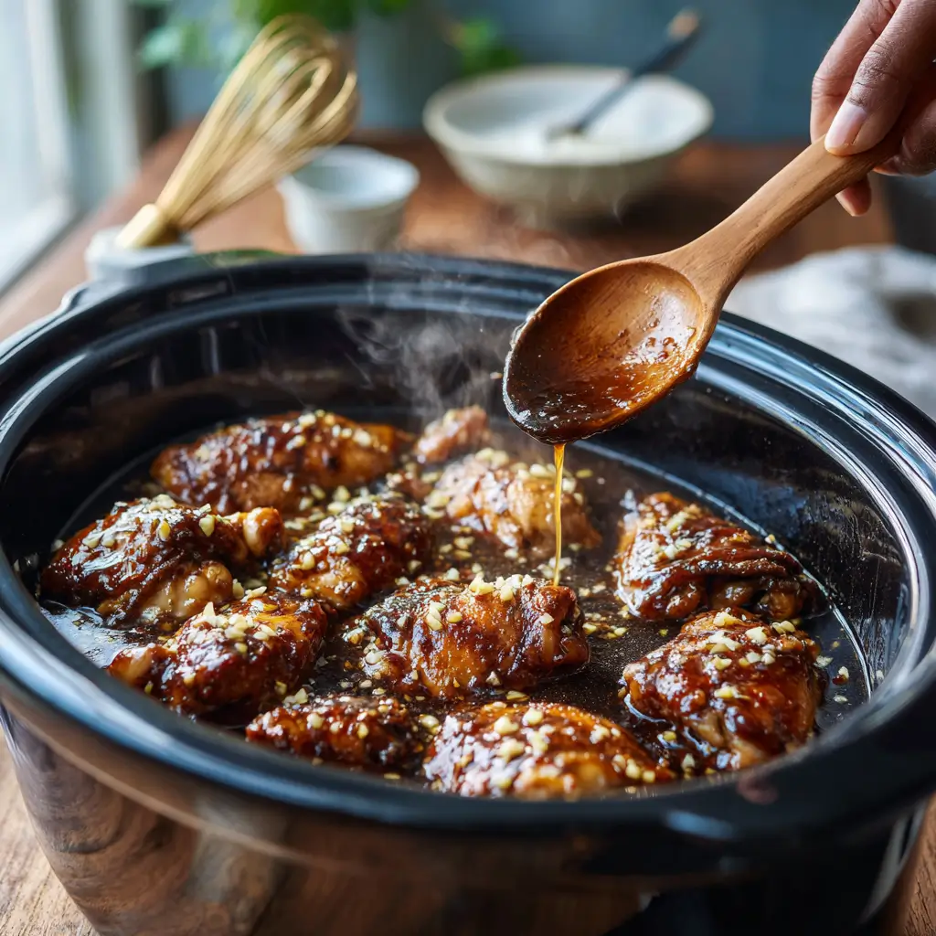 Teriyaki Chicken cooking in slow cooker with thick sauce